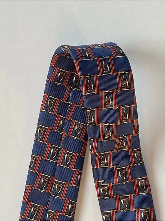 Equestrian Silk Tie Hand Tailored Stirrups Navy Blue Red Necktie Horses Preppy - Picture 8 of 13